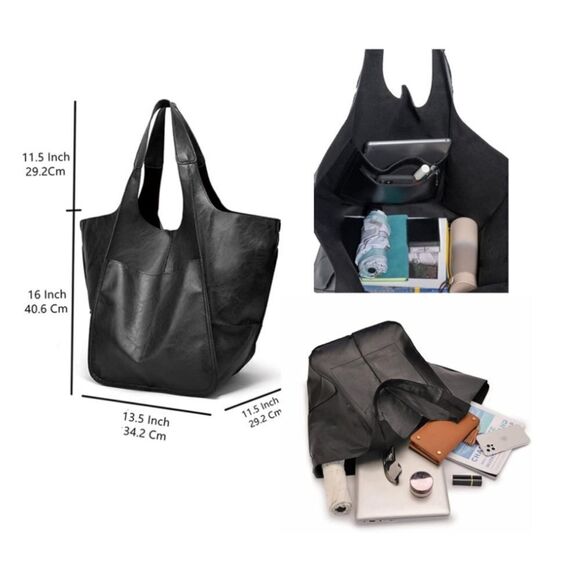 Luxe Vegan Leather Minimalist Oversized Tote Bag - Picture 3 of 7